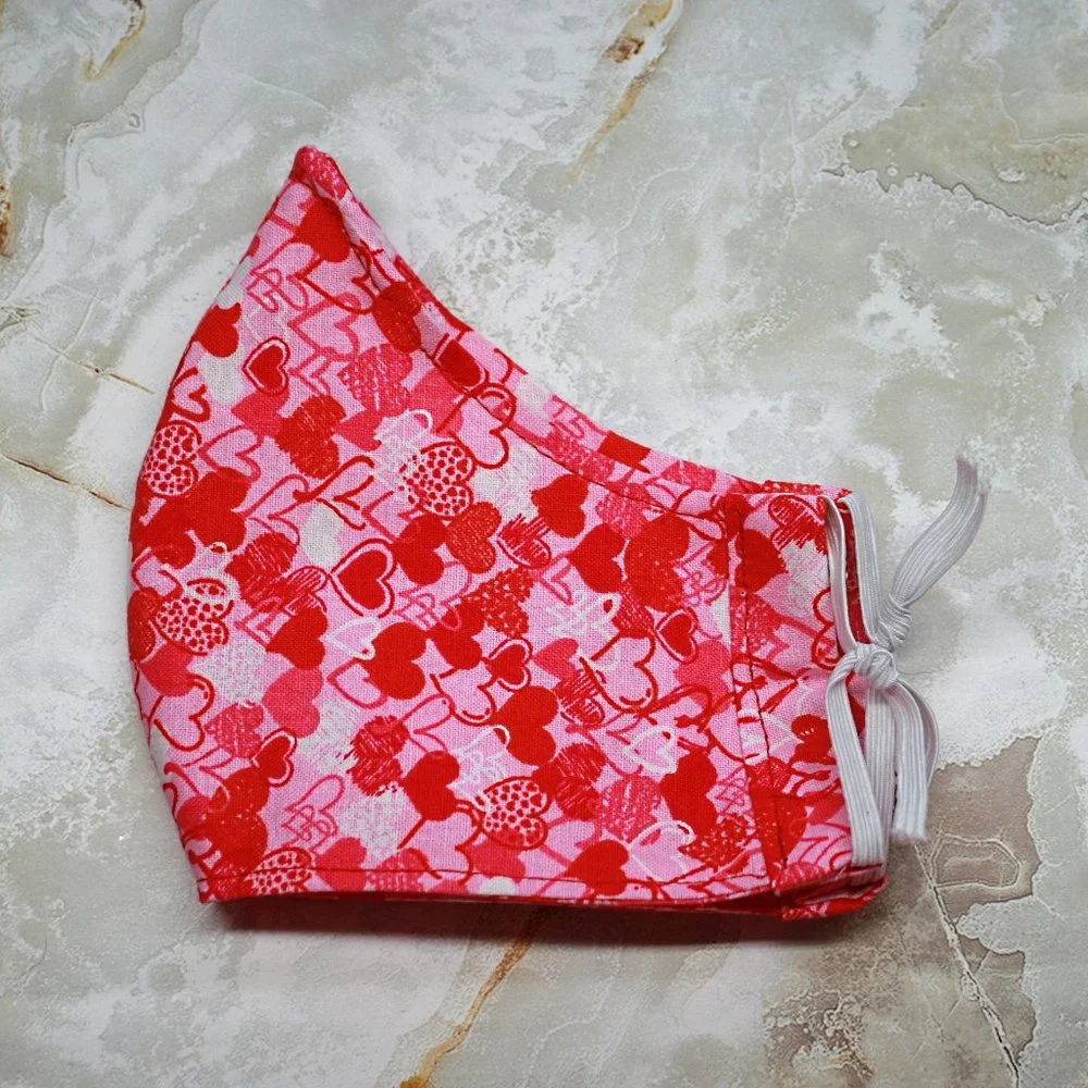 HAND CRAFTED Face Mask Hearts Pink Adult Cloth Fabric Print - Shield Style
